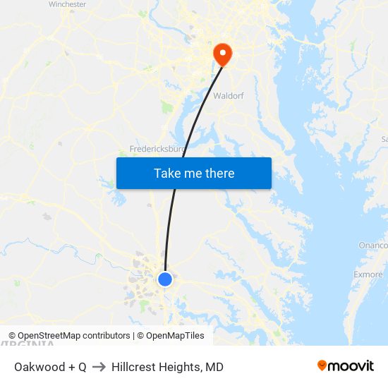 Oakwood + Q to Hillcrest Heights, MD map