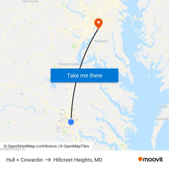 Hull + Cowardin to Hillcrest Heights, MD map