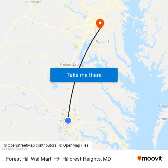 Forest Hill Wal Mart to Hillcrest Heights, MD map