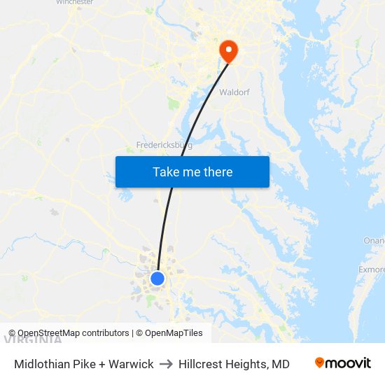 Midlothian Pike + Warwick to Hillcrest Heights, MD map