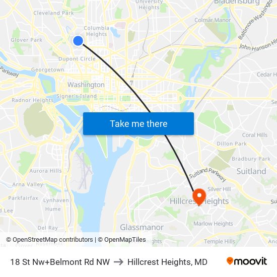 18 St Nw+Belmont Rd NW to Hillcrest Heights, MD map