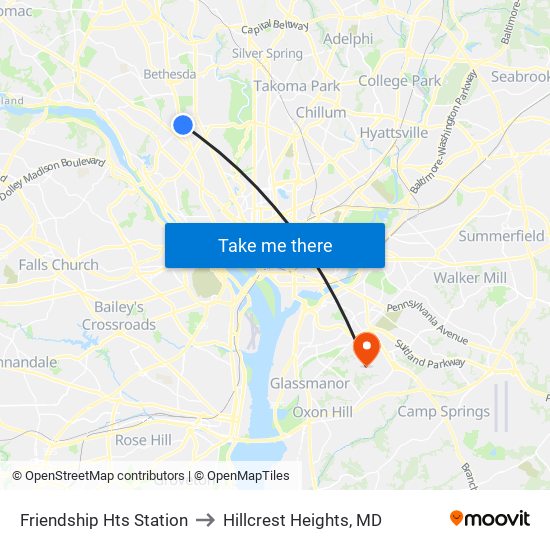 Friendship Hts Station to Hillcrest Heights, MD map