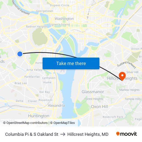 Columbia Pi & S Oakland St to Hillcrest Heights, MD map