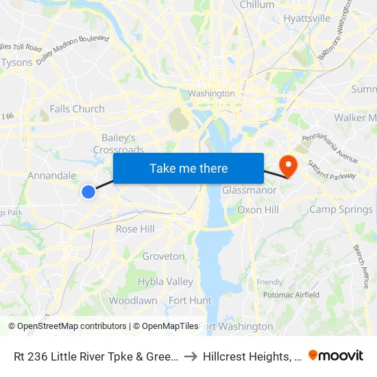 Rt 236 Little River Tpke & Green SP to Hillcrest Heights, MD map