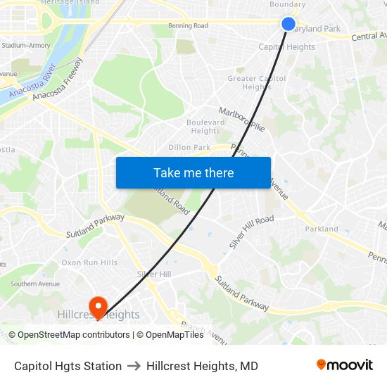 Capitol Hgts Station to Hillcrest Heights, MD map