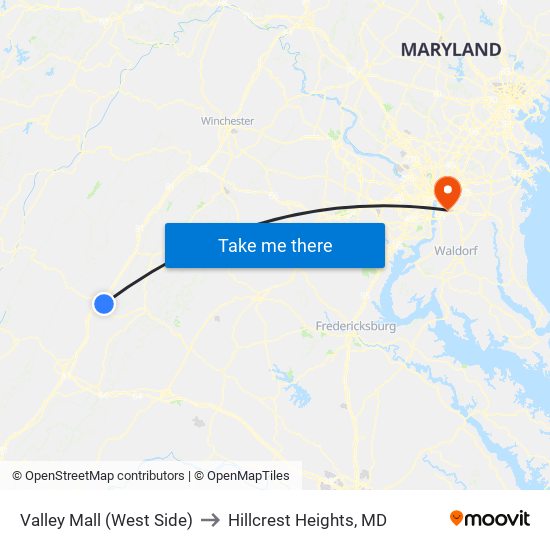 Valley Mall (West Side) to Hillcrest Heights, MD map