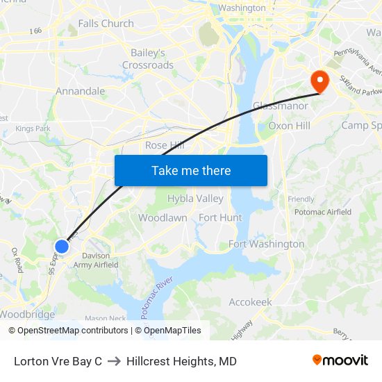 Lorton Vre Bay C to Hillcrest Heights, MD map