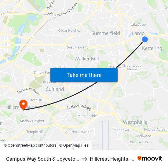 Campus Way South & Joyceton Dr to Hillcrest Heights, MD map