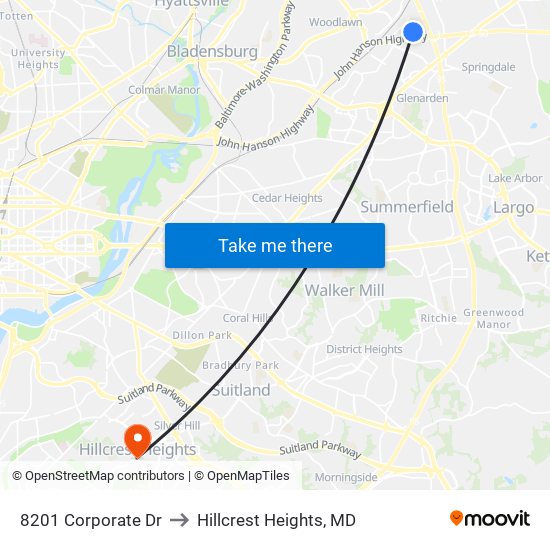 8201 Corporate Dr to Hillcrest Heights, MD map