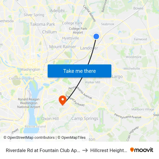 Riverdale Rd at Fountain Club Apartments to Hillcrest Heights, MD map