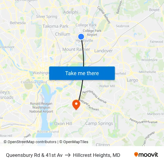 Queensbury Rd & 41st Av to Hillcrest Heights, MD map
