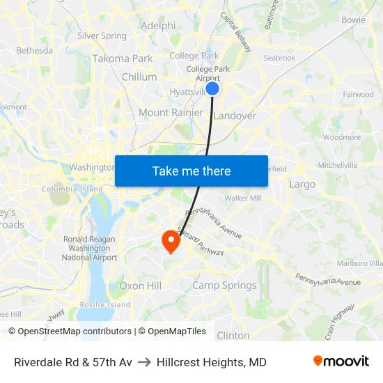 Riverdale Rd & 57th Av to Hillcrest Heights, MD map