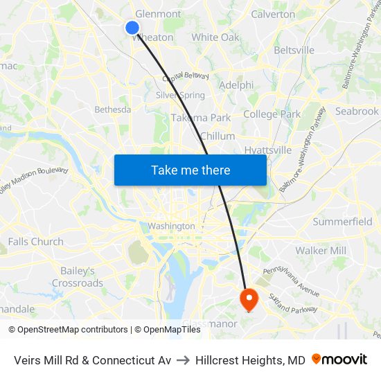 Veirs Mill Rd & Connecticut Av to Hillcrest Heights, MD map