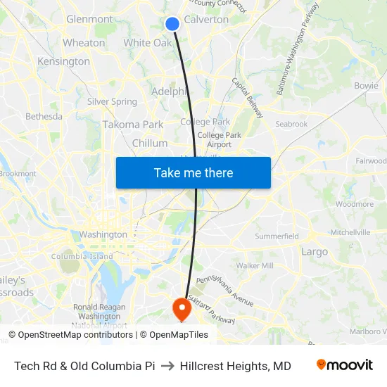 Tech Rd & Old Columbia Pi to Hillcrest Heights, MD map
