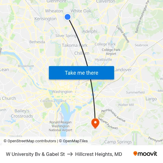 W University Bv & Gabel St to Hillcrest Heights, MD map