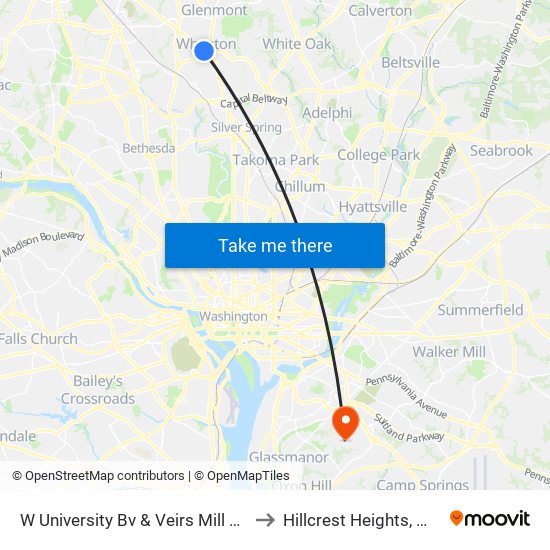 W University Bv & Veirs Mill Rd to Hillcrest Heights, MD map