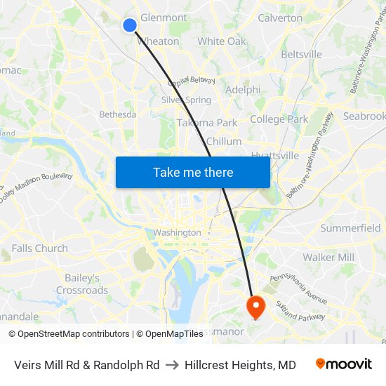 Veirs Mill Rd & Randolph Rd to Hillcrest Heights, MD map