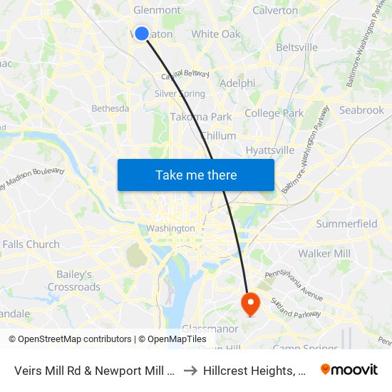 Veirs Mill Rd & Newport Mill Rd to Hillcrest Heights, MD map