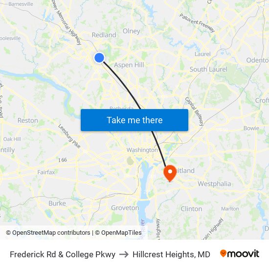 Frederick  Rd & College  Pkwy to Hillcrest Heights, MD map