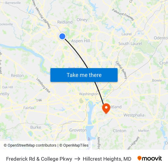 Frederick  Rd & College  Pkwy to Hillcrest Heights, MD map