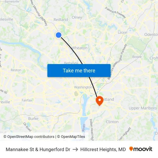 Mannakee St & Hungerford  Dr to Hillcrest Heights, MD map