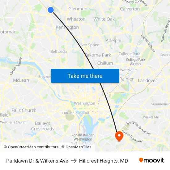 Parklawn Dr & Wilkens Ave to Hillcrest Heights, MD map