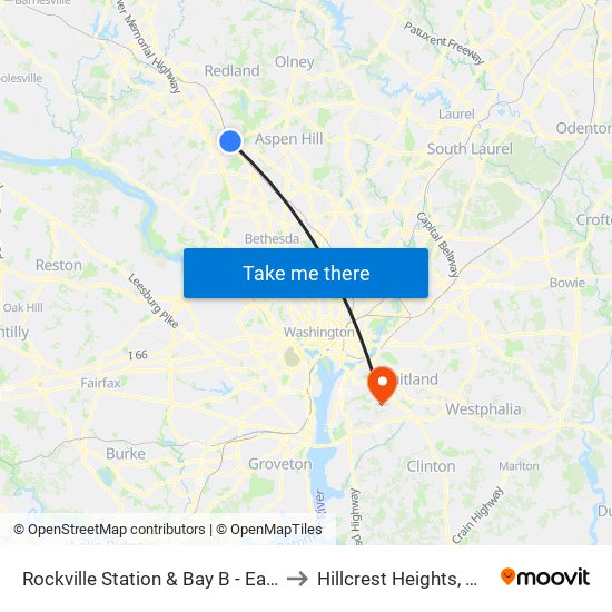 Rockville Station & Bay B - East to Hillcrest Heights, MD map