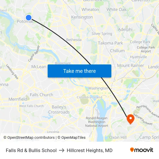 Falls Rd & Bullis School to Hillcrest Heights, MD map