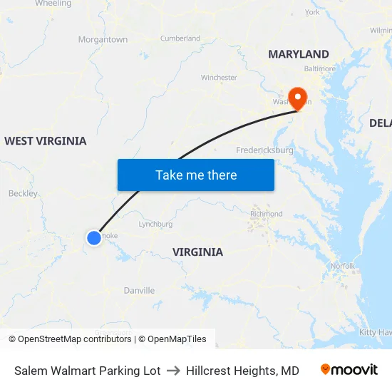Salem Walmart Parking Lot to Hillcrest Heights, MD map