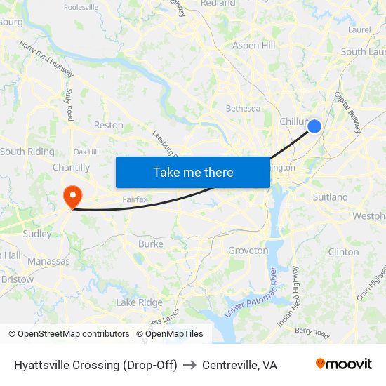 Hyattsville Crossing (Drop-Off) to Centreville, VA map