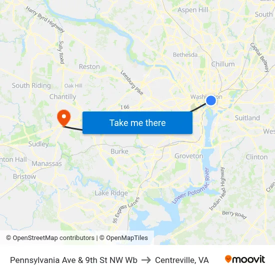 Pennsylvania Ave & 9th St NW Wb to Centreville, VA map