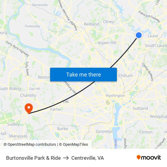 Burtonsville Park & Ride to Centreville, VA map