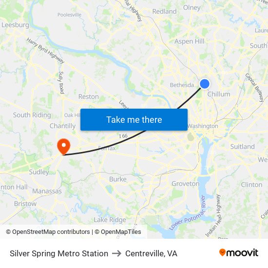 Silver Spring Metro Station to Centreville, VA map