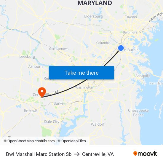 Bwi Marshall Marc Station Sb to Centreville, VA map