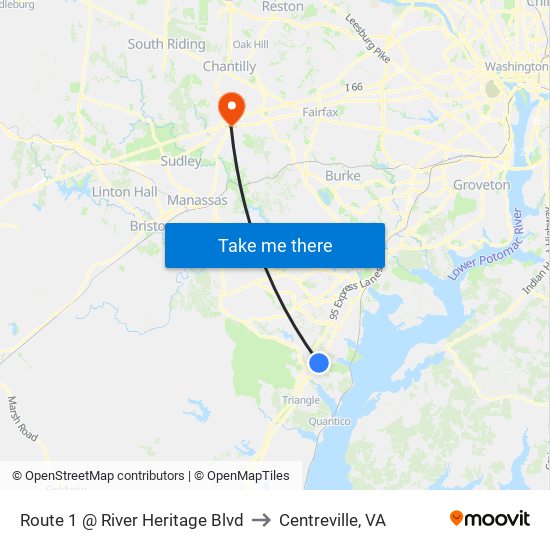 Route 1 @ River Heritage Blvd to Centreville, VA map