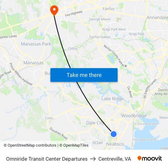 Omniride Transit Center Departures to Centreville, VA map