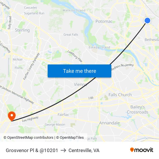 Grosvenor Pl & @10201 to Centreville, VA map