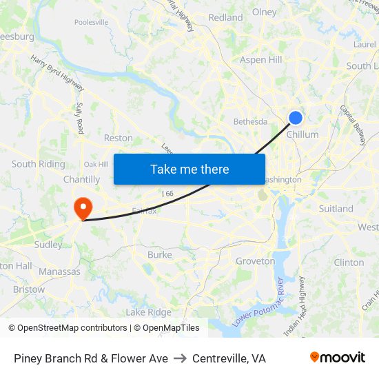 Piney Branch Rd & Flower Ave to Centreville, VA map