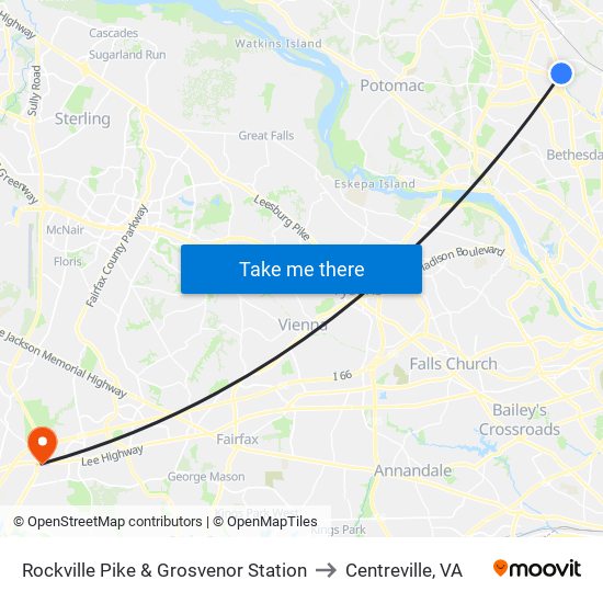 Rockville Pike & Grosvenor Station to Centreville, VA map