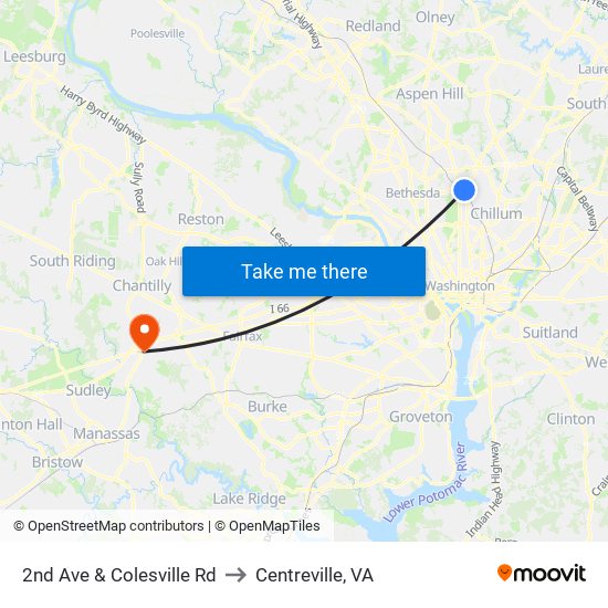 2nd Ave & Colesville Rd to Centreville, VA map