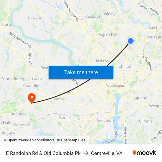 E Randolph Rd & Old Columbia Pk to Centreville, VA map