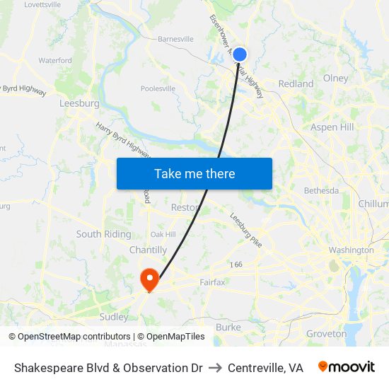 Shakespeare Blvd & Observation Dr to Centreville, VA map