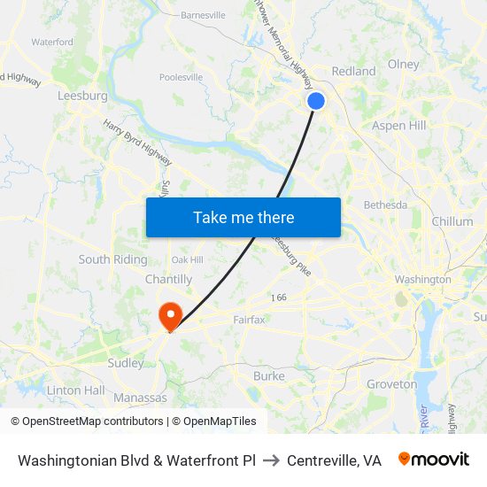 Washingtonian Blvd & Waterfront Pl to Centreville, VA map