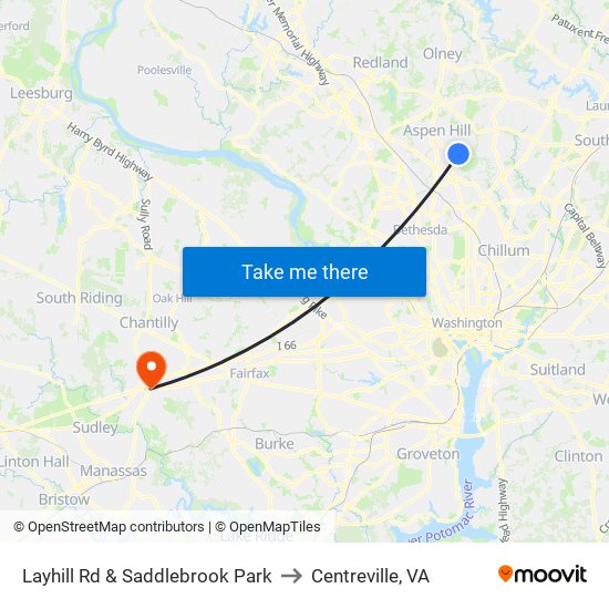 Layhill Rd & Saddlebrook Park to Centreville, VA map