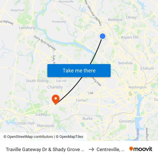 Traville Gateway Dr & Shady Grove Rd to Centreville, VA map