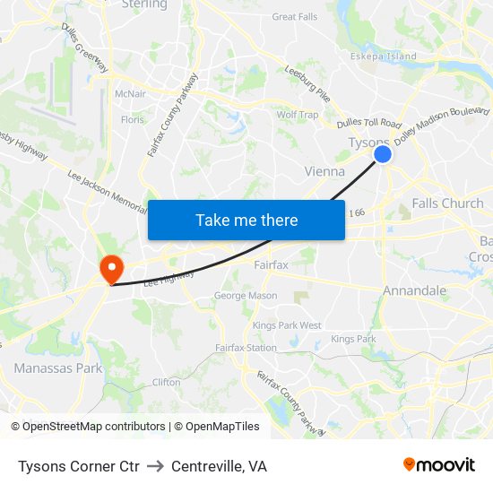 Tysons Corner Ctr to Centreville, VA map