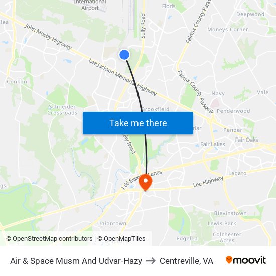 Air & Space Musm And Udvar-Hazy to Centreville, VA map