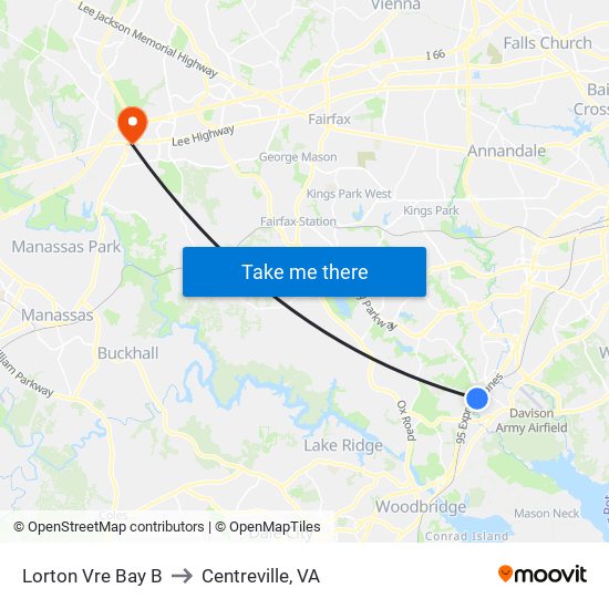 Lorton Vre Bay B to Centreville, VA map