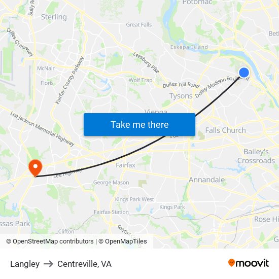 Langley to Centreville, VA map