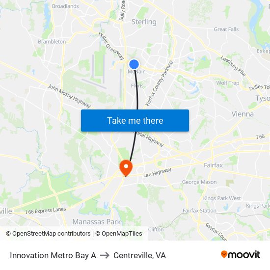 Innovation Metro Bay A to Centreville, VA map